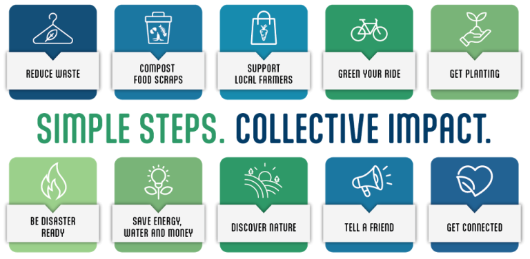 Graphic with icons listing "simple steps. collective impact." from California Volunteers